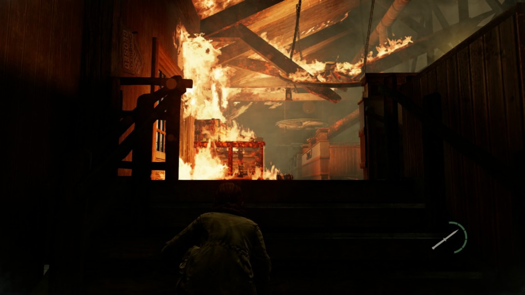 The burning cabin resort in which Ellie struggles for her life. 